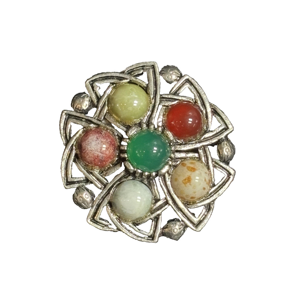 Vintage Celtic Endless Knot Brooch Pin Multicolor Glass Cabochon Silver Tone 1"